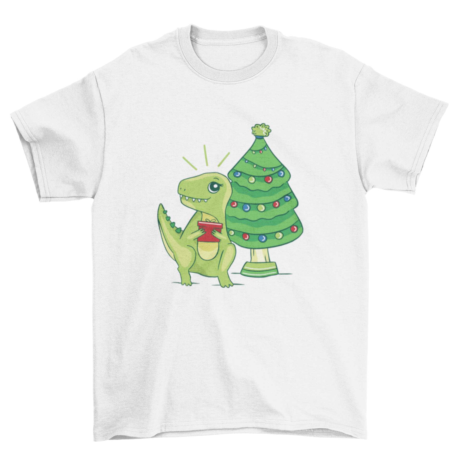 A cute Christmas t-shirt featuring a T-Rex next to a decorated Christmas tree, perfect for holiday celebrations.