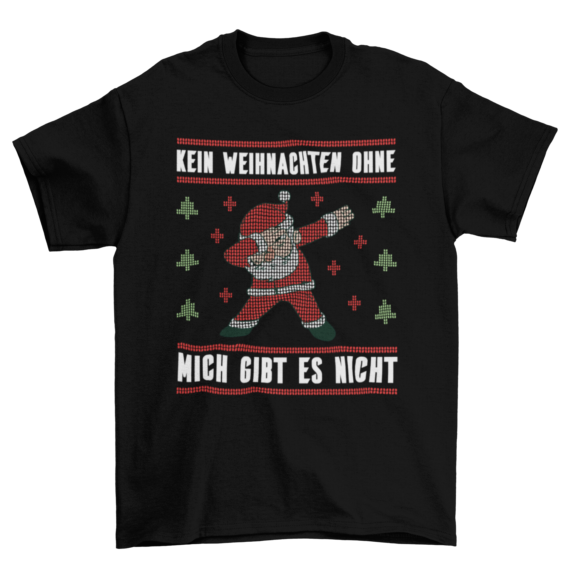 Christmas Ugly Sweater featuring Santa dabbing with a German quote, colorful and festive design.