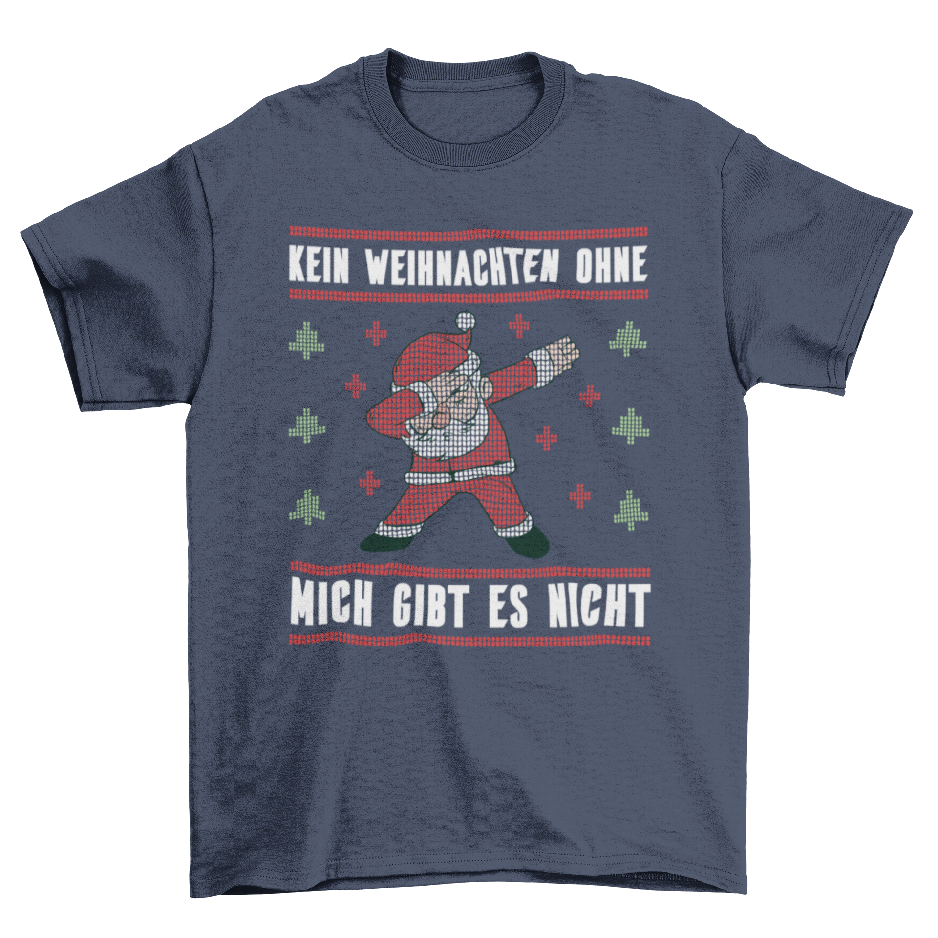 Christmas Ugly Sweater featuring Santa dabbing with a German quote, colorful and festive design.