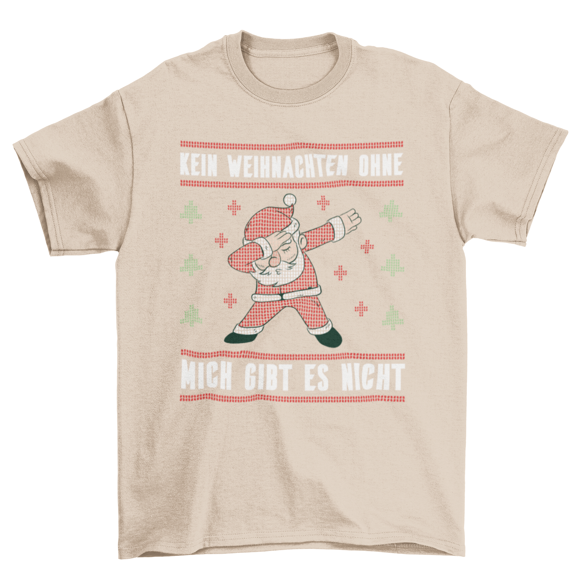 Christmas Ugly Sweater featuring Santa dabbing with a German quote, colorful and festive design.