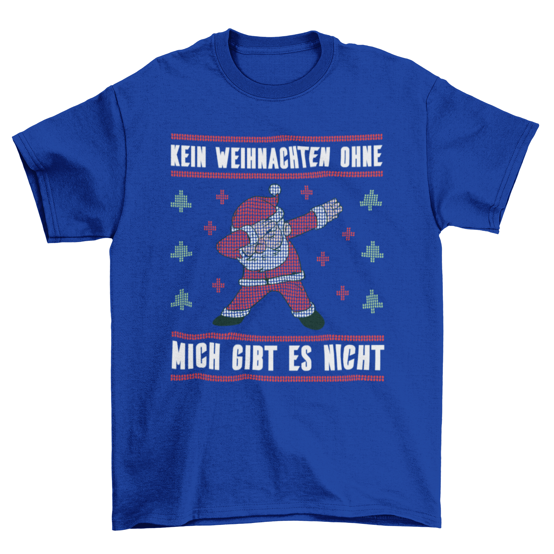 Christmas Ugly Sweater featuring Santa dabbing with a German quote, colorful and festive design.