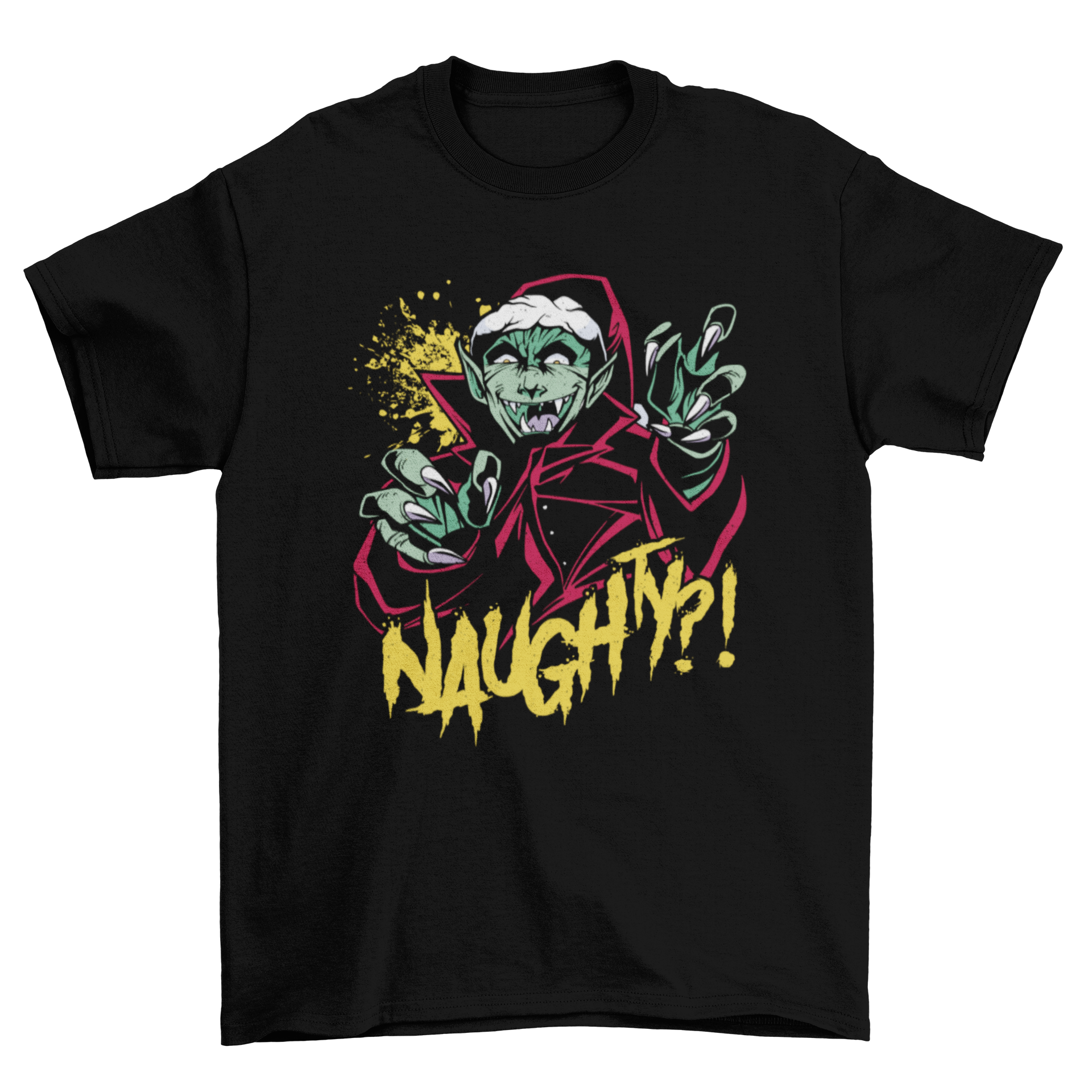 A playful Christmas vampire t-shirt design featuring a vampire in a festive Christmas hat with the quote 'Naughty?'