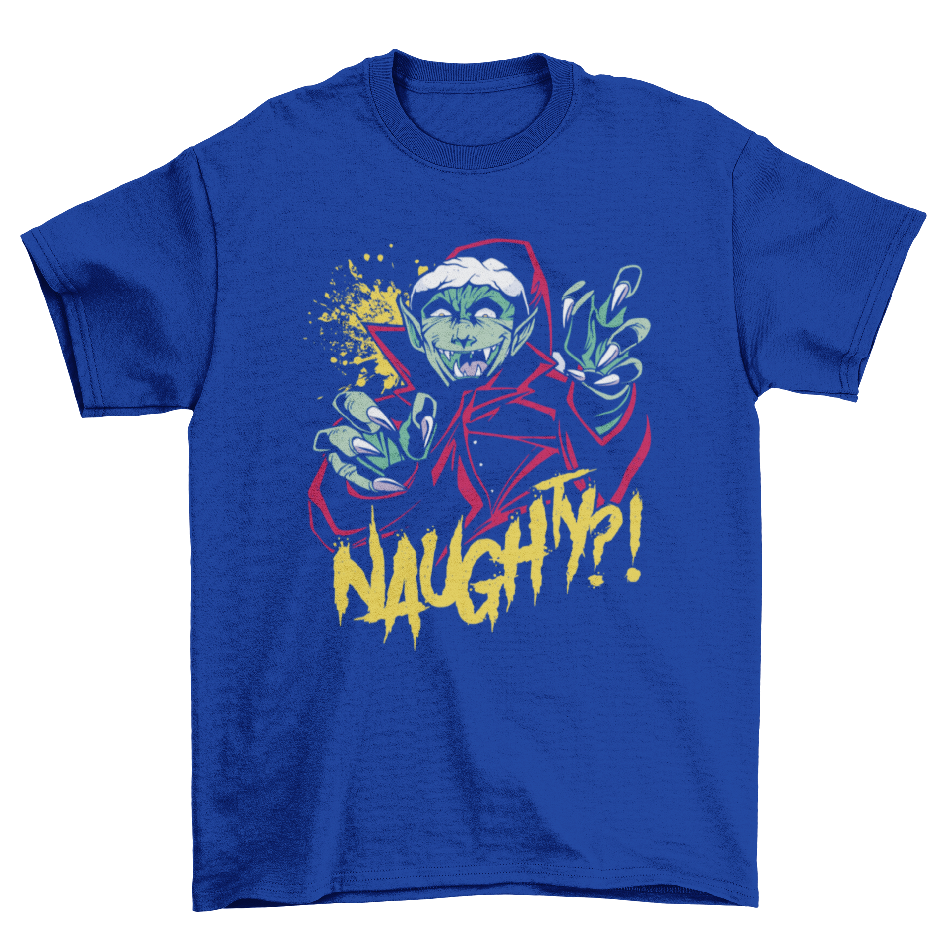 A playful Christmas vampire t-shirt design featuring a vampire in a festive Christmas hat with the quote 'Naughty?'