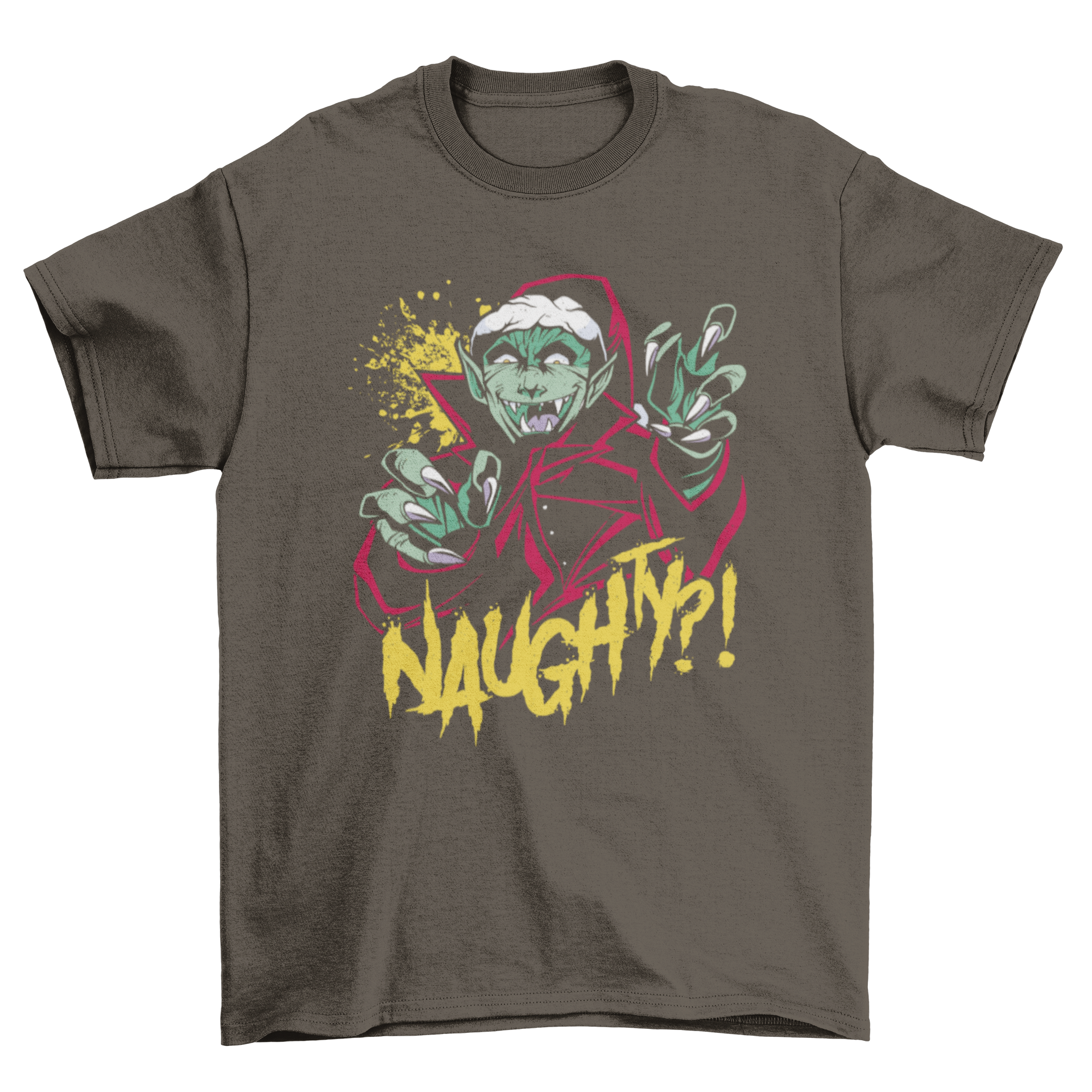 A playful Christmas vampire t-shirt design featuring a vampire in a festive Christmas hat with the quote 'Naughty?'