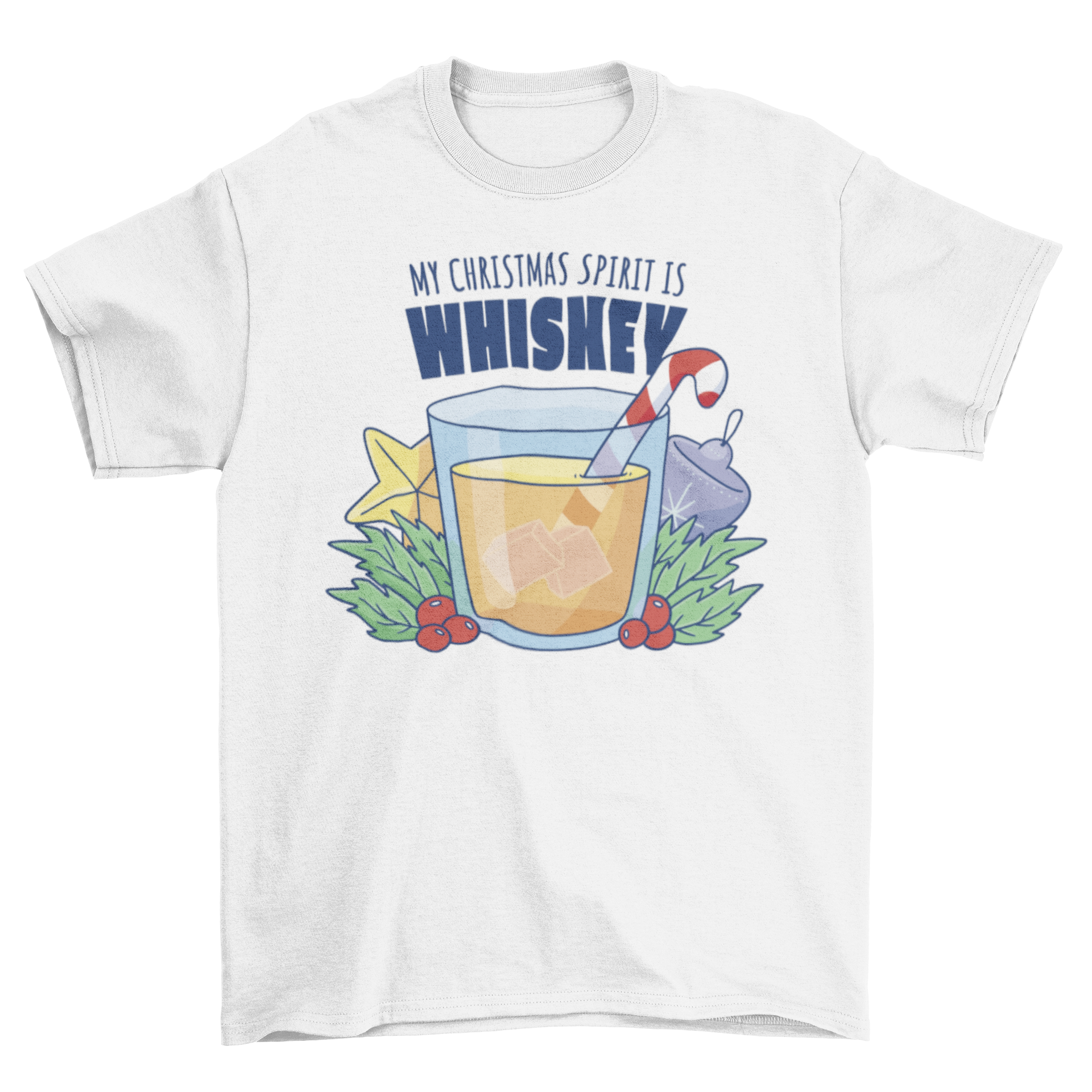 A festive t-shirt featuring a whisky glass decorated with Christmas ornaments and the quote 'My Christmas spirit is whiskey'.