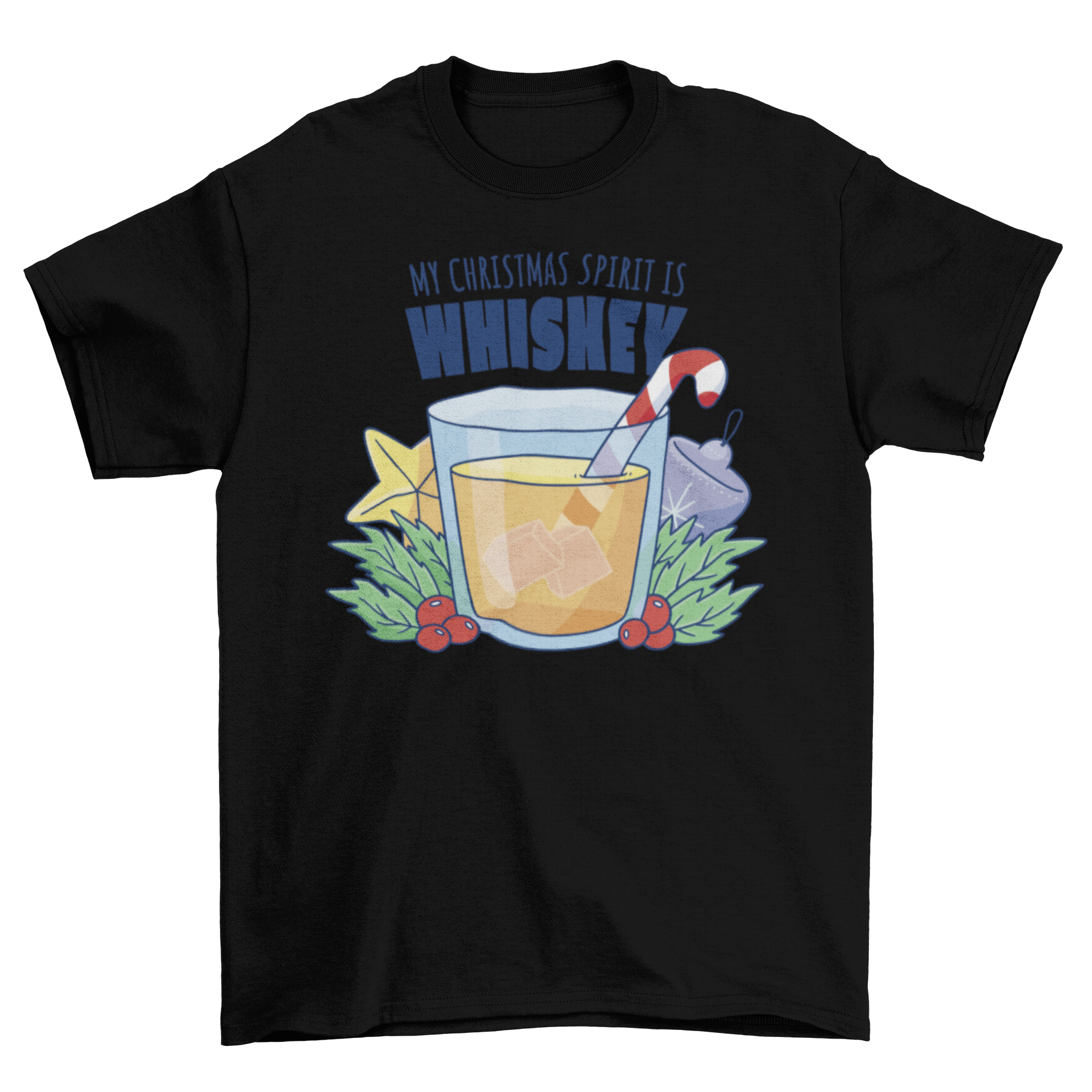 A festive t-shirt featuring a whisky glass decorated with Christmas ornaments and the quote 'My Christmas spirit is whiskey'.