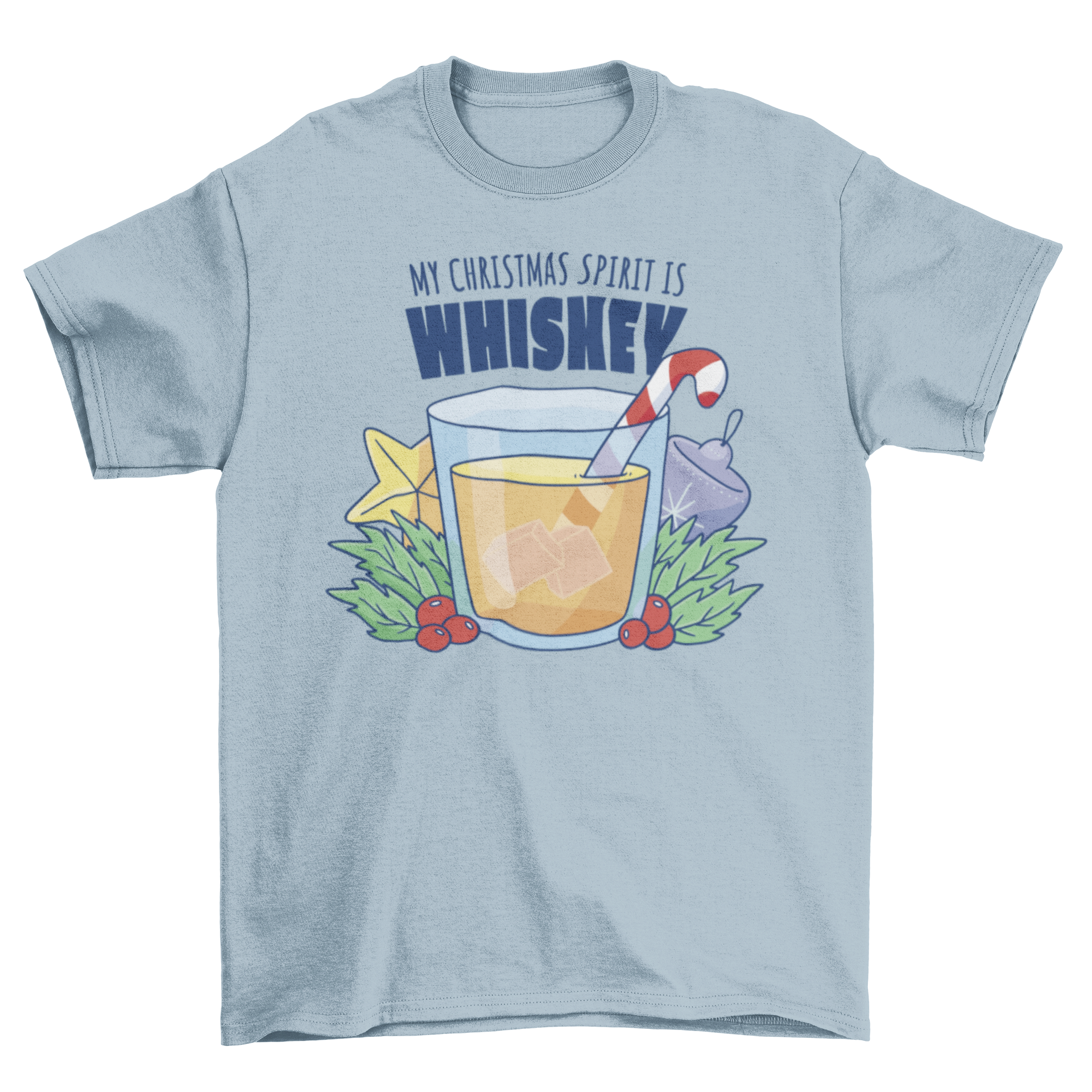 A festive t-shirt featuring a whisky glass decorated with Christmas ornaments and the quote 'My Christmas spirit is whiskey'.