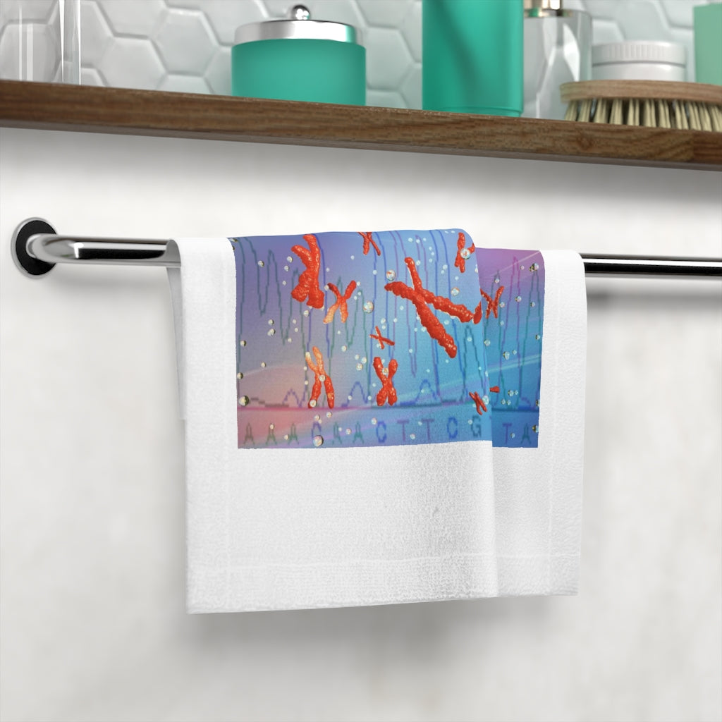 Custom Chromesomes Face Towel featuring a vibrant polyester front and soft cotton back, ideal for personal designs.