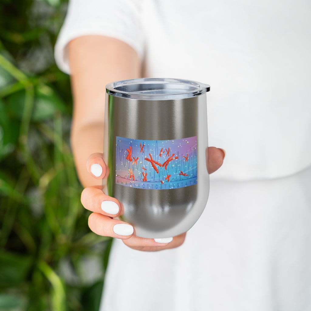 Chromosomes 12oz Insulated Wine Tumbler with clear lid, showcasing its sleek stainless steel design and double-wall insulation.