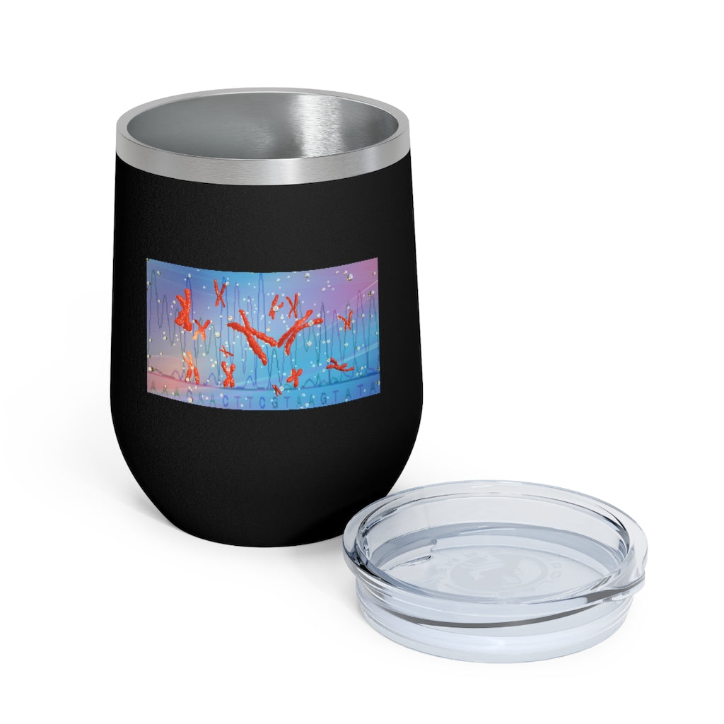 Chromosomes 12oz Insulated Wine Tumbler with clear lid, showcasing its sleek stainless steel design and double-wall insulation.