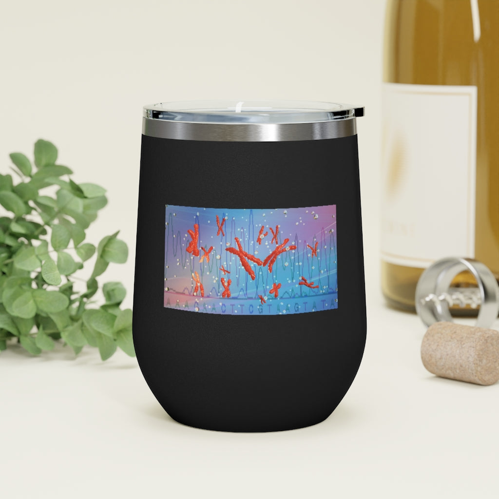 Chromosomes 12oz Insulated Wine Tumbler with clear lid, showcasing its sleek stainless steel design and double-wall insulation.