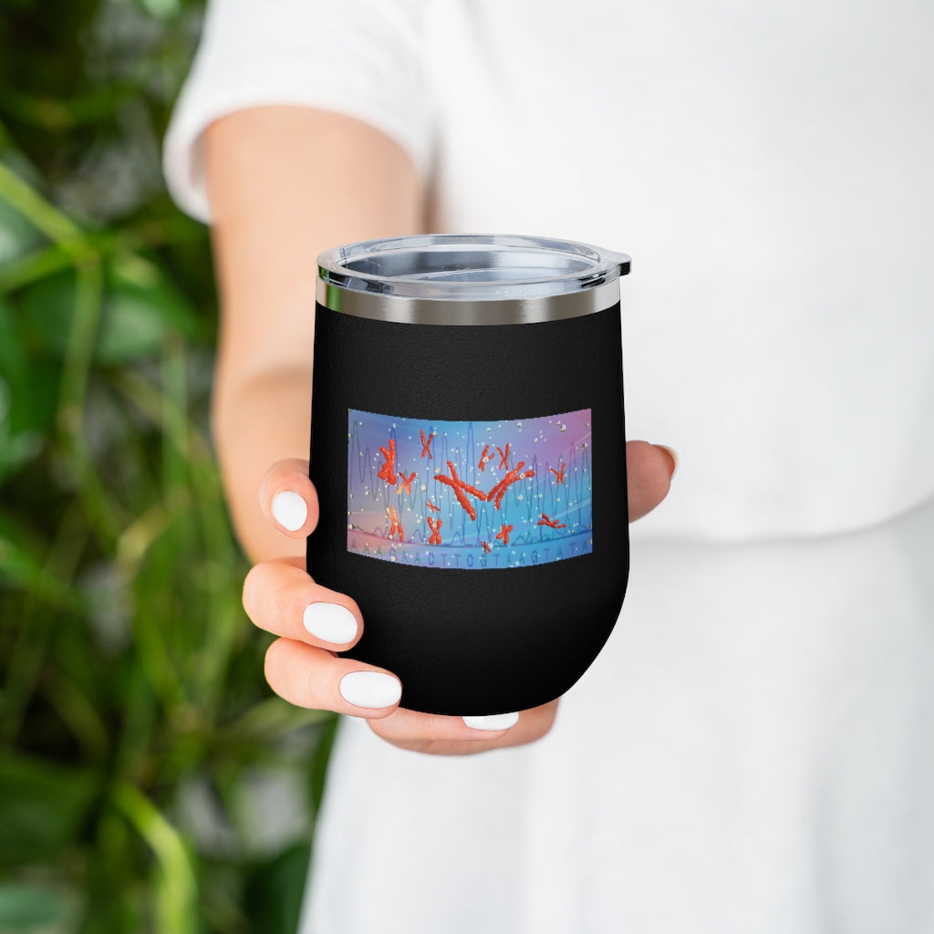 Chromosomes 12oz Insulated Wine Tumbler with clear lid, showcasing its sleek stainless steel design and double-wall insulation.