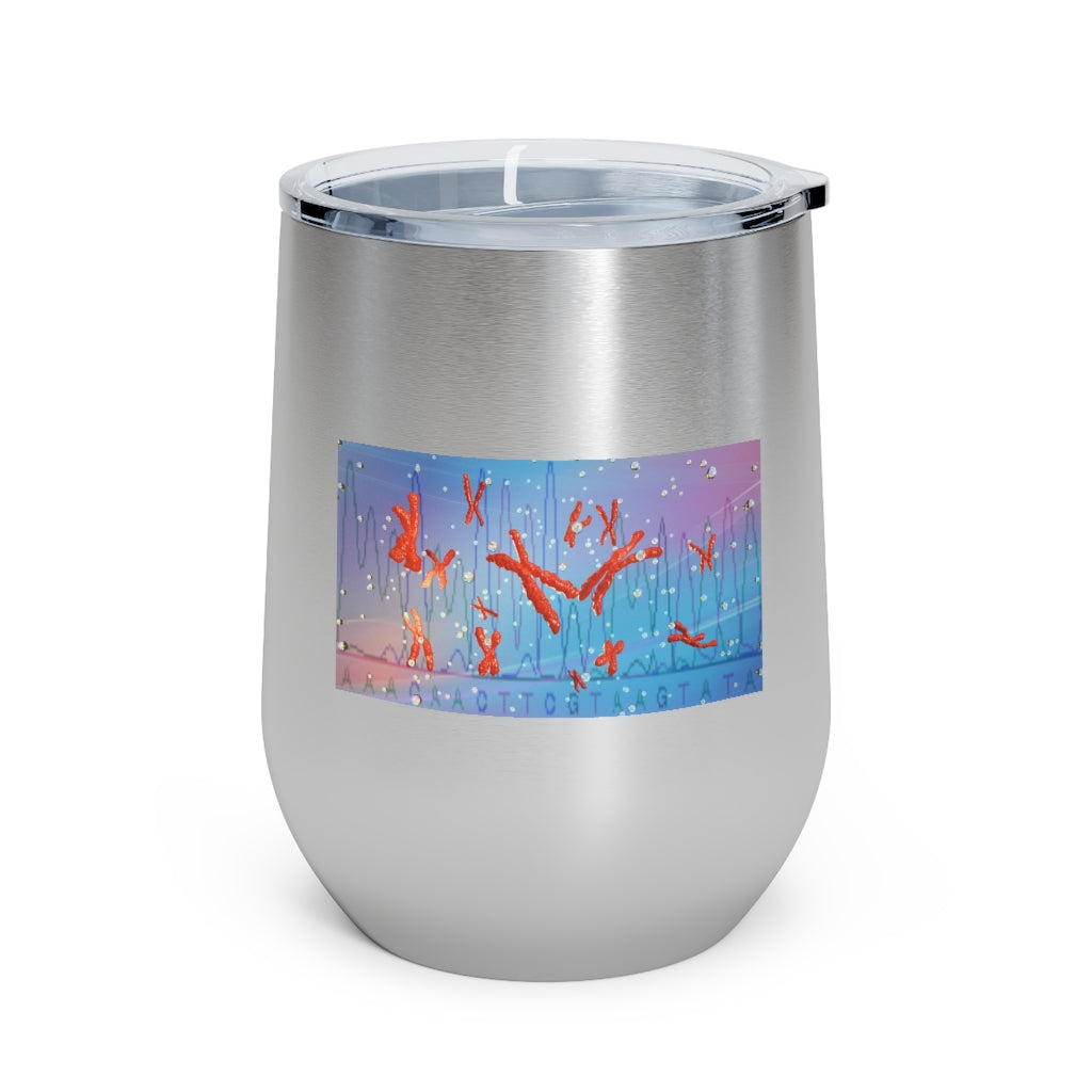 Chromosomes 12oz Insulated Wine Tumbler with clear lid, showcasing its sleek stainless steel design and double-wall insulation.