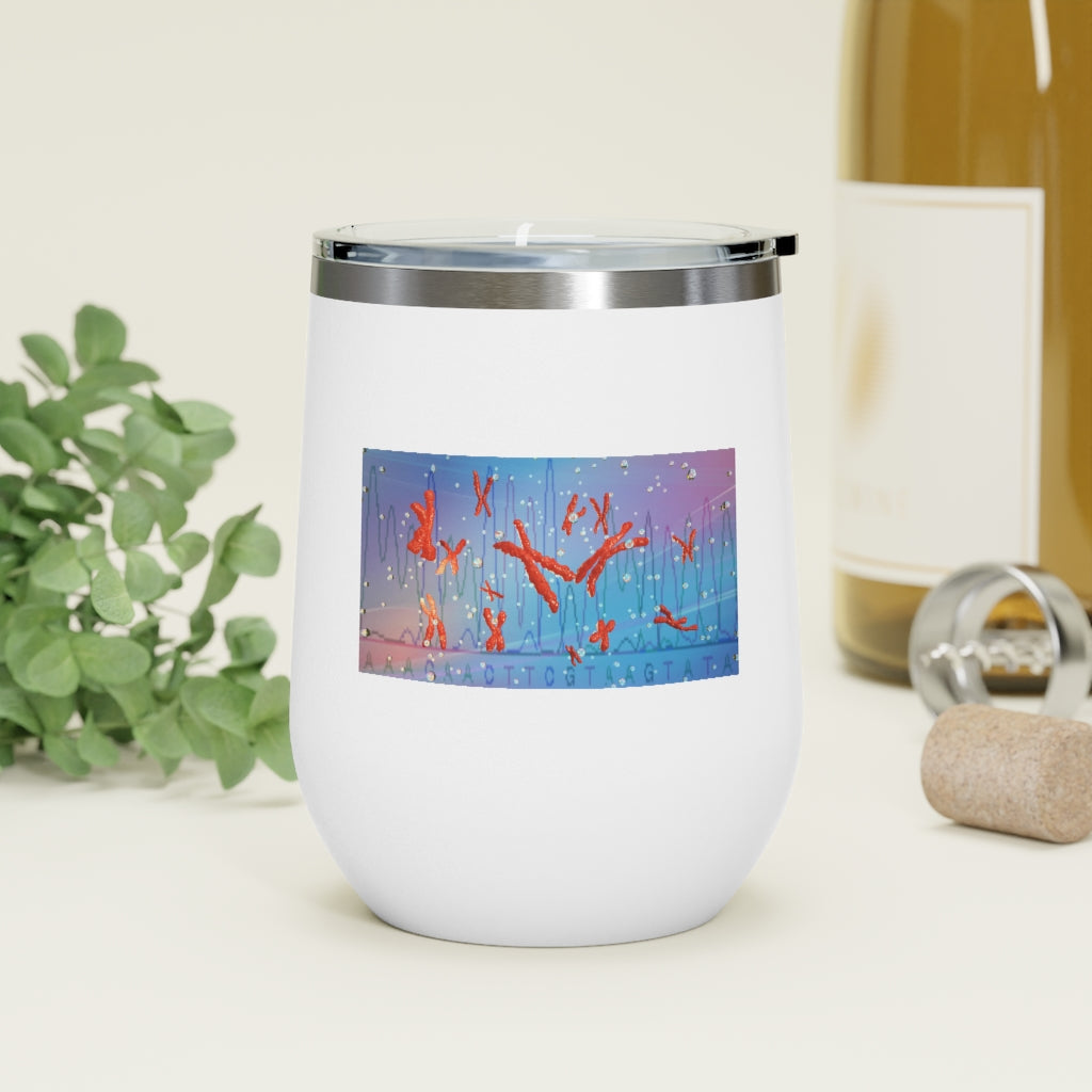 Chromosomes 12oz Insulated Wine Tumbler with clear lid, showcasing its sleek stainless steel design and double-wall insulation.