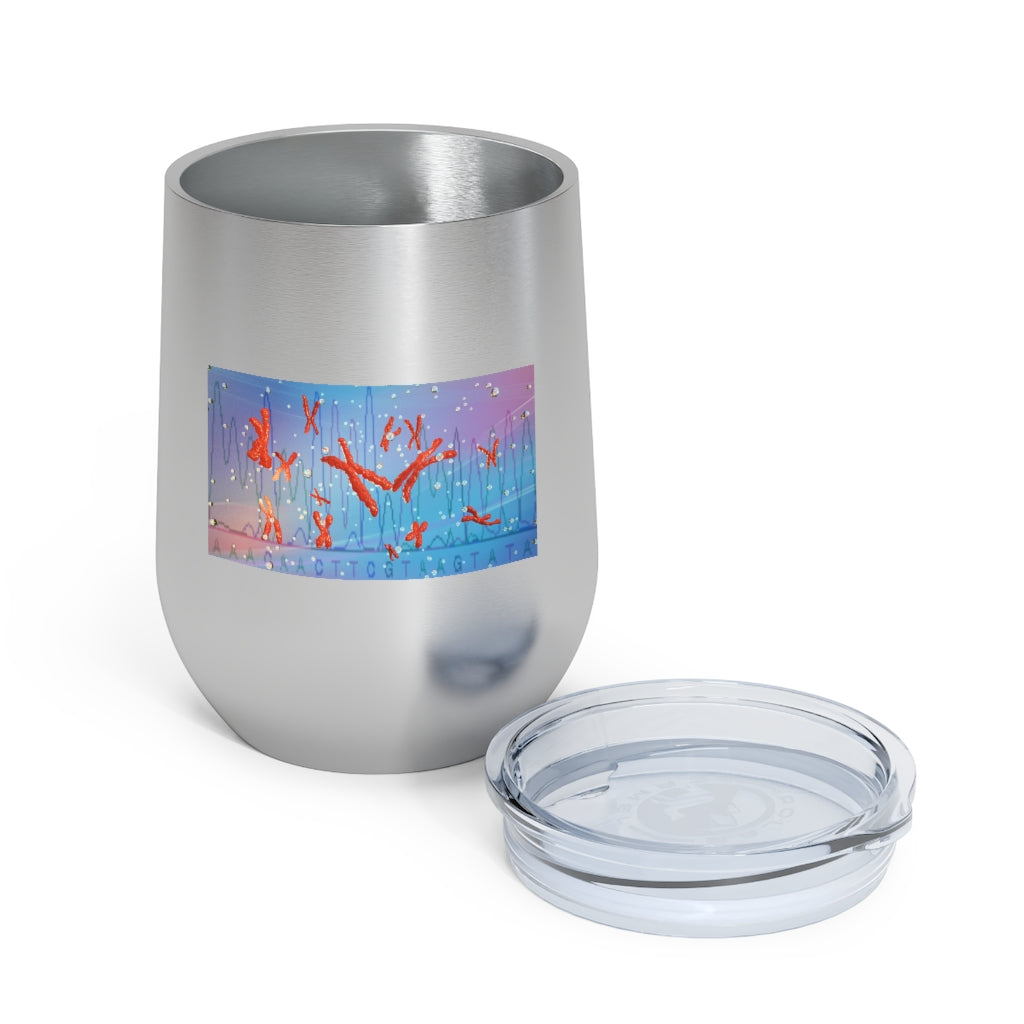 Chromosomes 12oz Insulated Wine Tumbler with clear lid, showcasing its sleek stainless steel design and double-wall insulation.