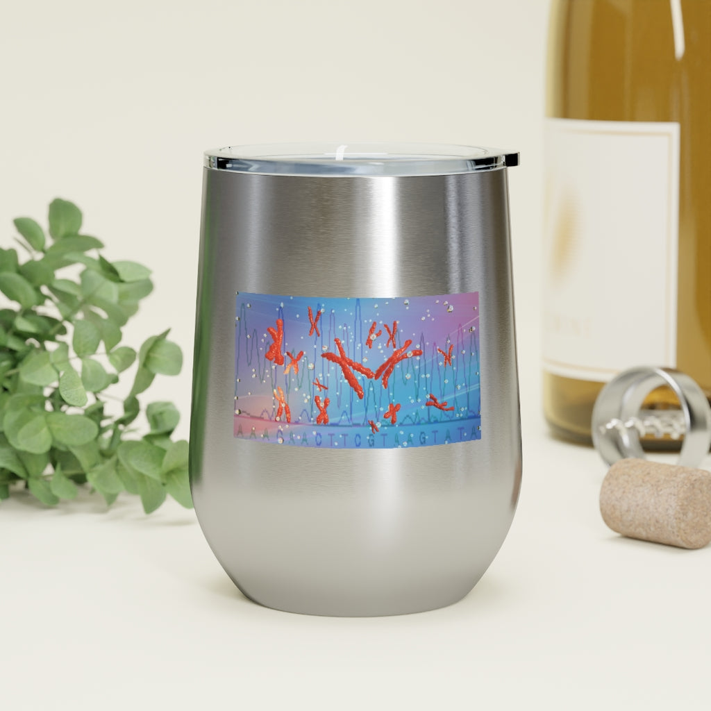 Chromosomes 12oz Insulated Wine Tumbler with clear lid, showcasing its sleek stainless steel design and double-wall insulation.