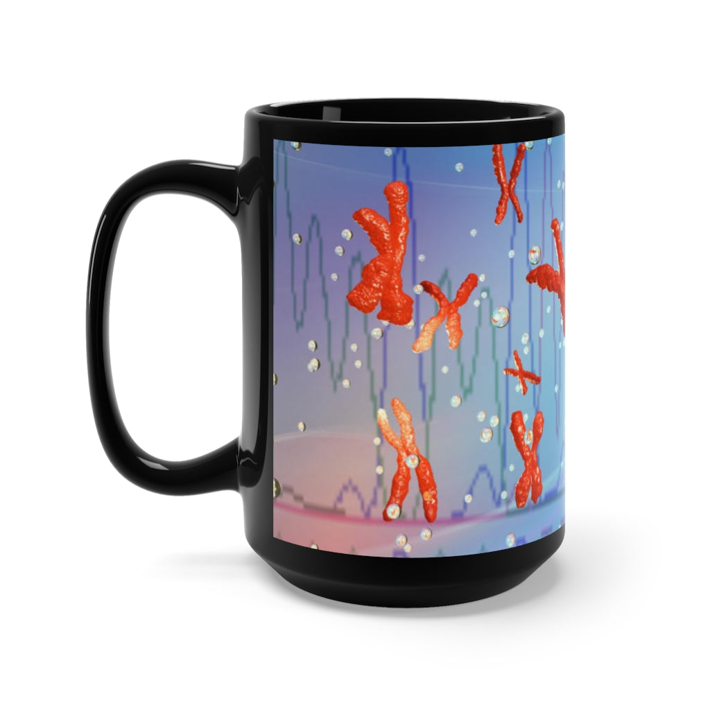 Chromosomes Black Mug 15oz featuring a sleek black ceramic design with a comfortable C-handle.