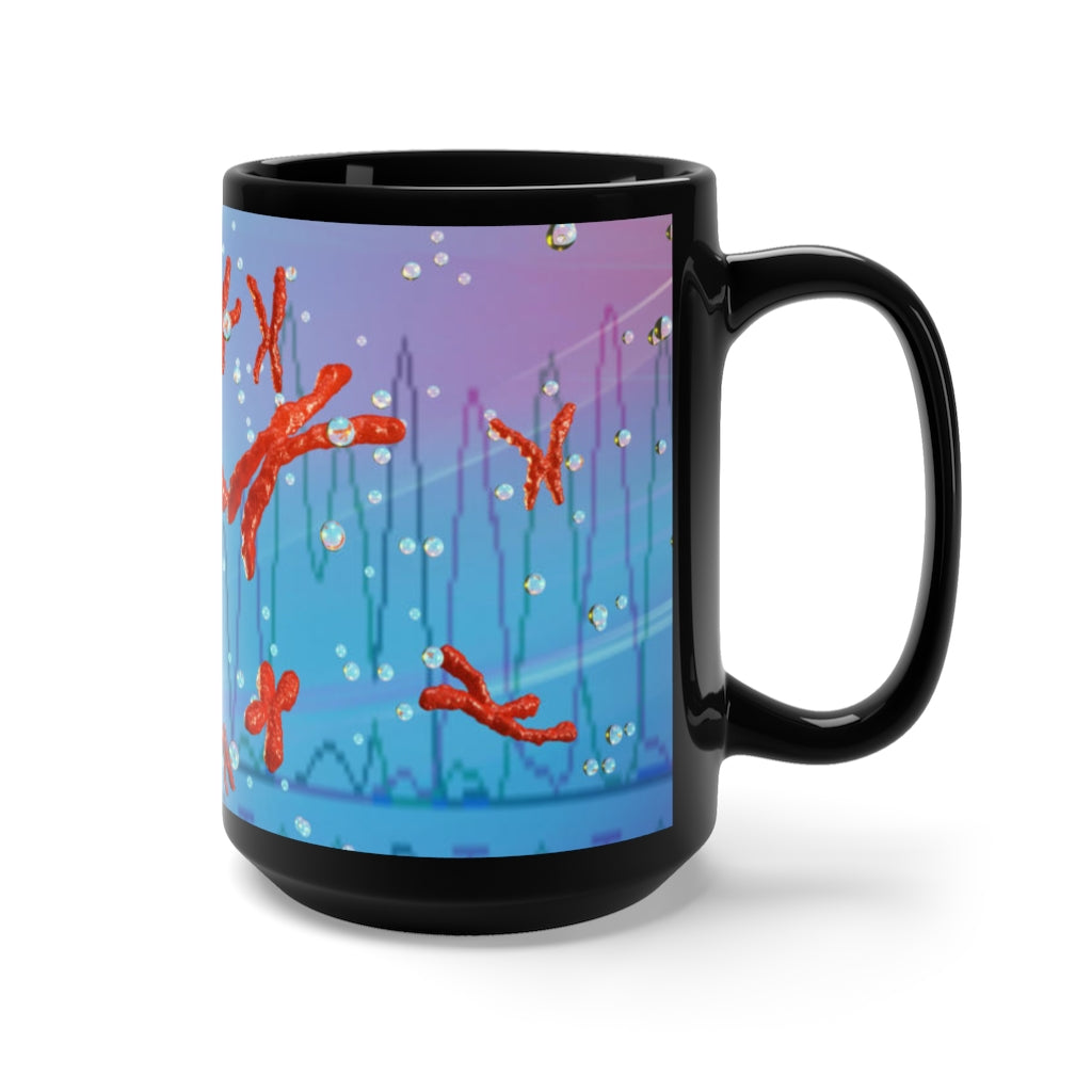 Chromosomes Black Mug 15oz featuring a sleek black ceramic design with a comfortable C-handle.