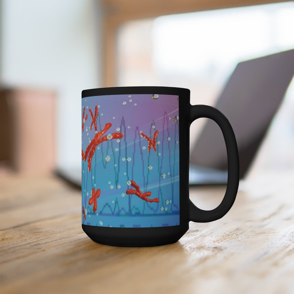 Chromosomes Black Mug 15oz featuring a sleek black ceramic design with a comfortable C-handle.