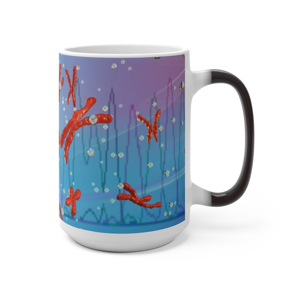 A white ceramic mug that changes color when filled with hot liquid, showcasing vibrant colors and patterns.