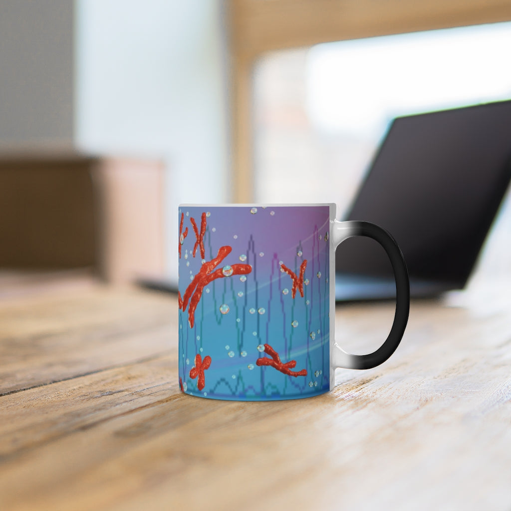 A white ceramic mug that changes color when filled with hot liquid, showcasing vibrant colors and patterns.