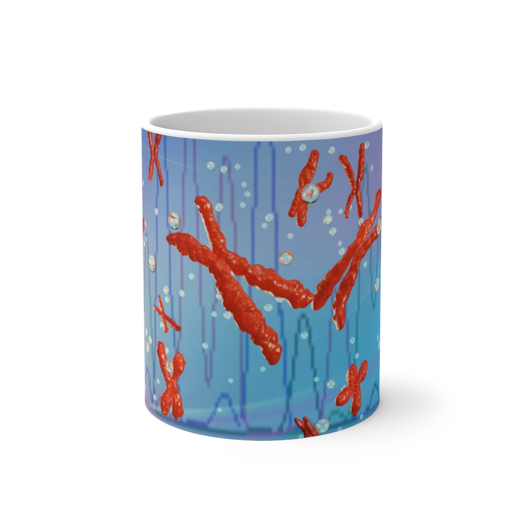 A white ceramic mug that changes color when filled with hot liquid, showcasing vibrant colors and patterns.