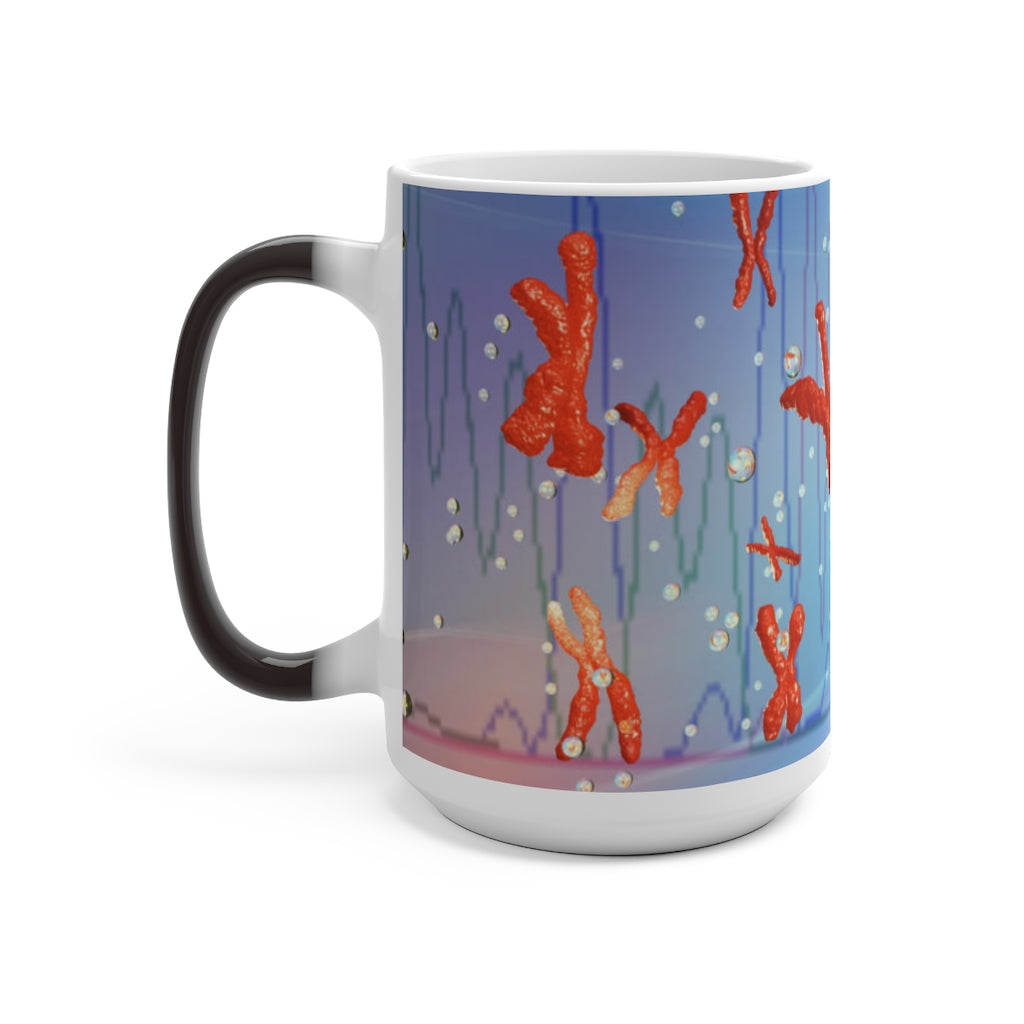 A white ceramic mug that changes color when filled with hot liquid, showcasing vibrant colors and patterns.