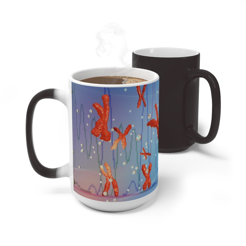 A white ceramic mug that changes color when filled with hot liquid, showcasing vibrant colors and patterns.