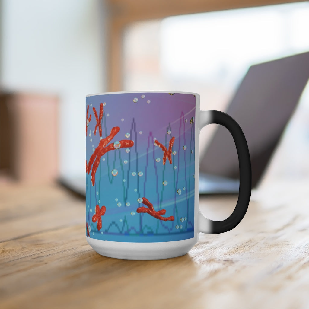 A white ceramic mug that changes color when filled with hot liquid, showcasing vibrant colors and patterns.