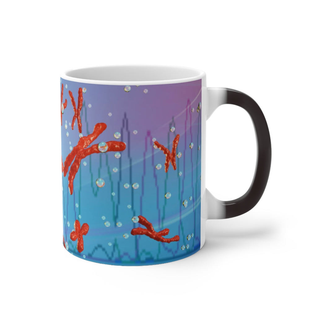 A white ceramic mug that changes color when filled with hot liquid, showcasing vibrant colors and patterns.