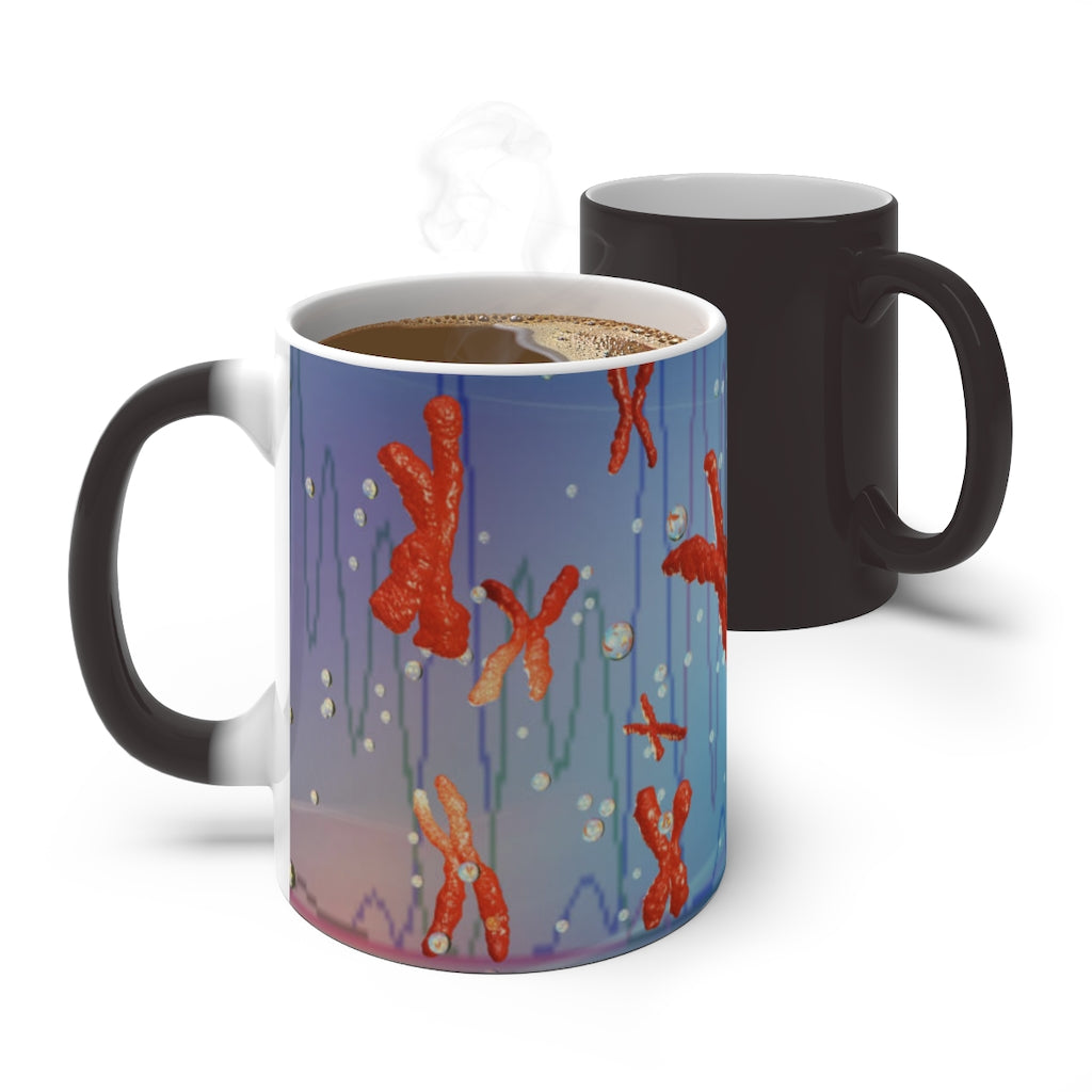 A white ceramic mug that changes color when filled with hot liquid, showcasing vibrant colors and patterns.