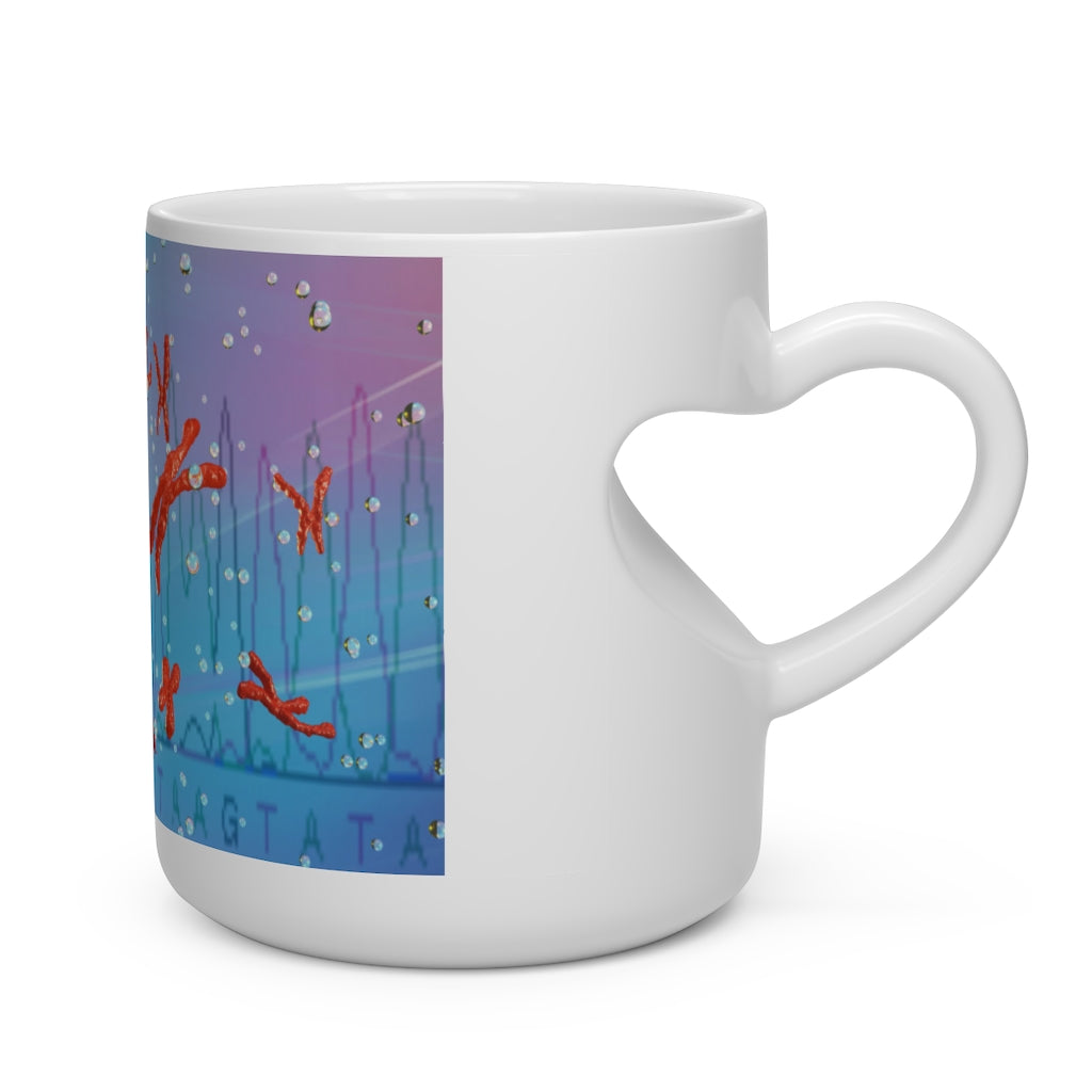 A white ceramic mug shaped like a heart with a heart-shaped handle, perfect for hot beverages.