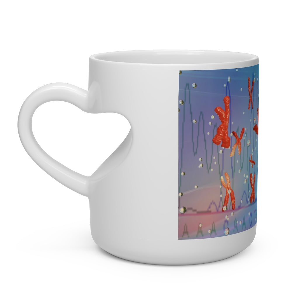 A white ceramic mug shaped like a heart with a heart-shaped handle, perfect for hot beverages.