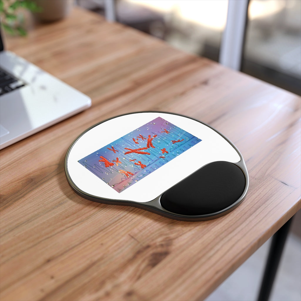 Chromosomes Mouse Pad with ergonomic Memory Foam wrist rest and custom neoprene insert, featuring a stylish foot-shaped design.