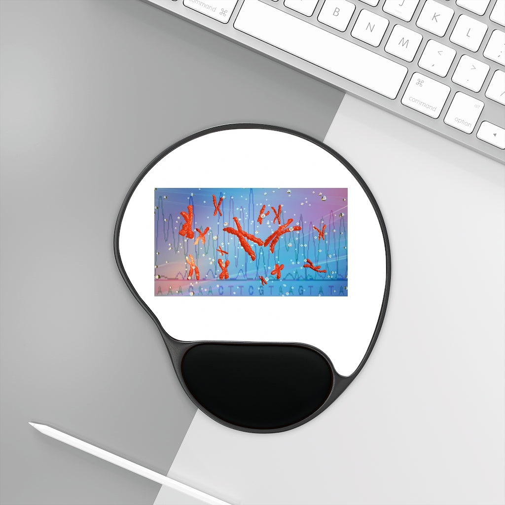 Chromosomes Mouse Pad with ergonomic Memory Foam wrist rest and custom neoprene insert, featuring a stylish foot-shaped design.