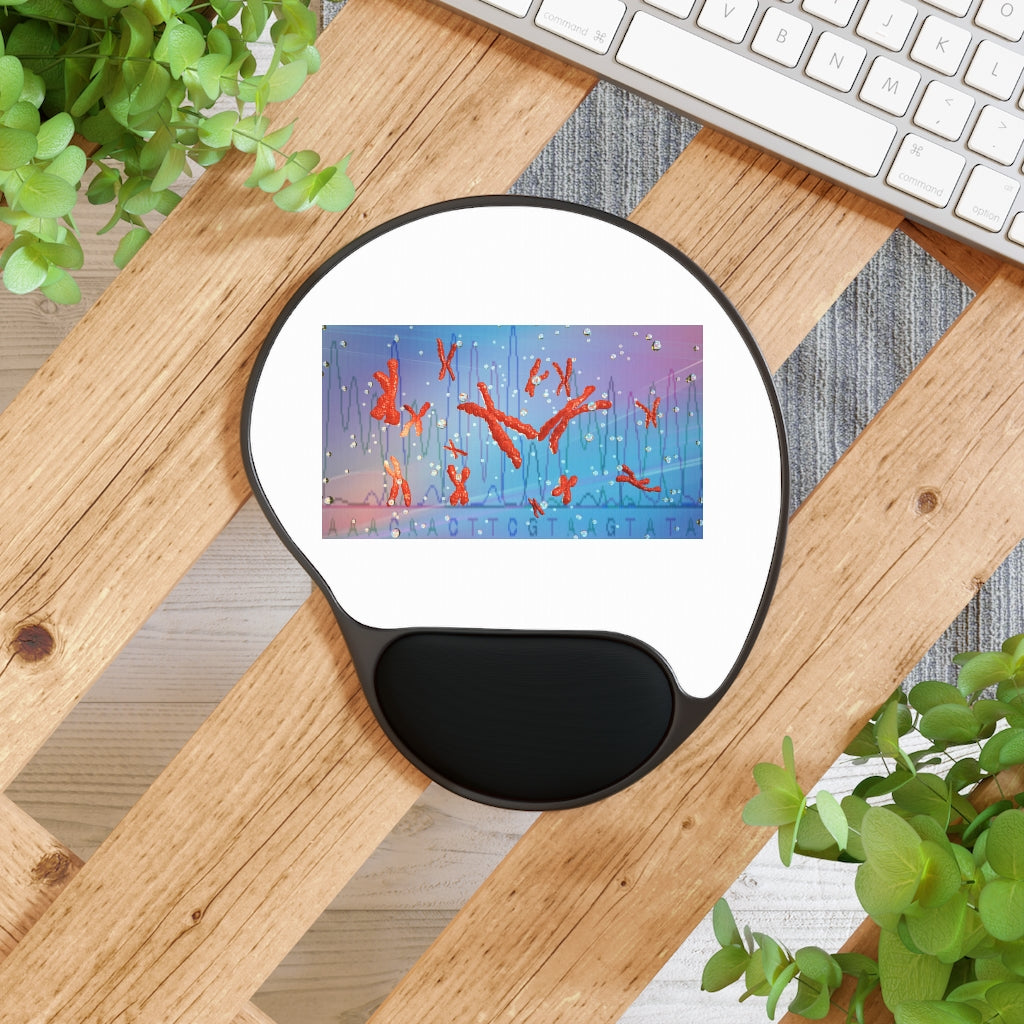 Chromosomes Mouse Pad with ergonomic Memory Foam wrist rest and custom neoprene insert, featuring a stylish foot-shaped design.