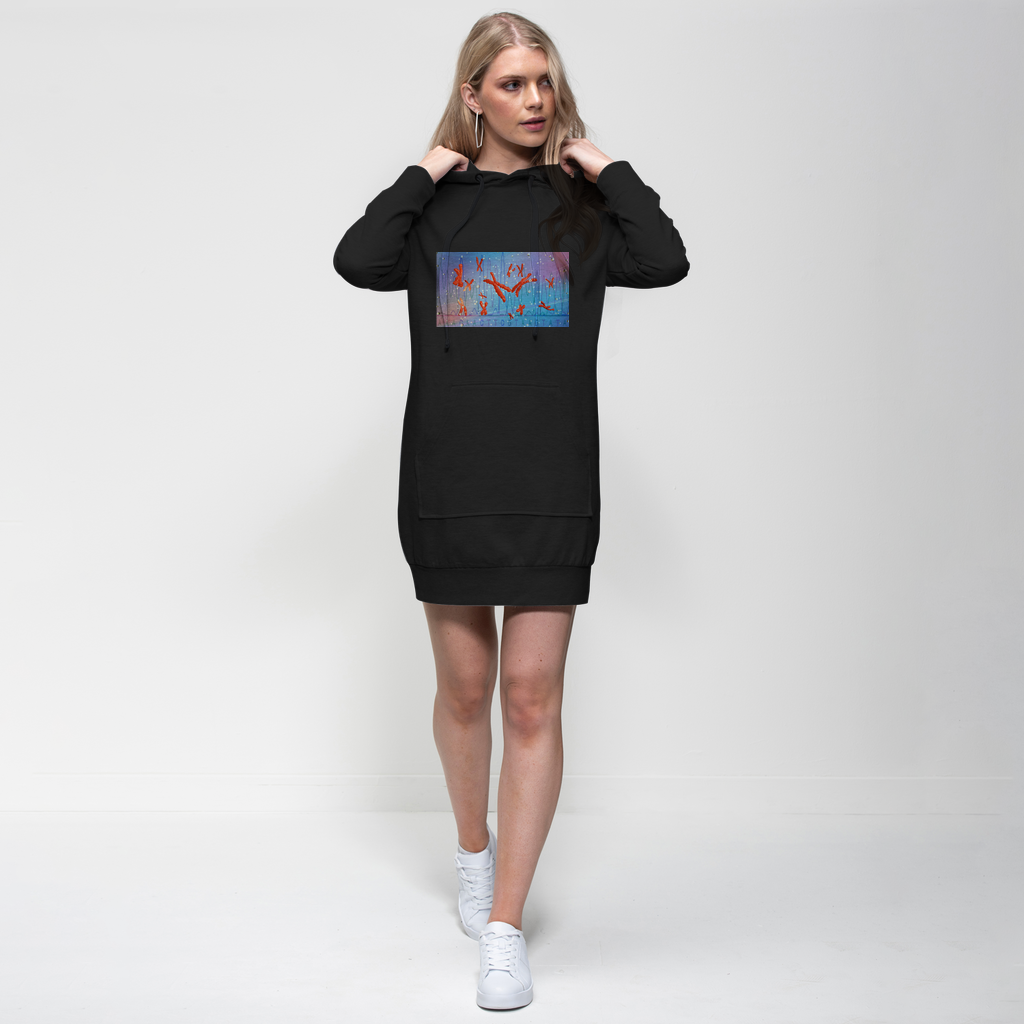 A stylish Chromosomes Premium Adult Hoodie Dress featuring a hood, full-length sleeves, and a kangaroo pouch pocket, perfect for casual wear.