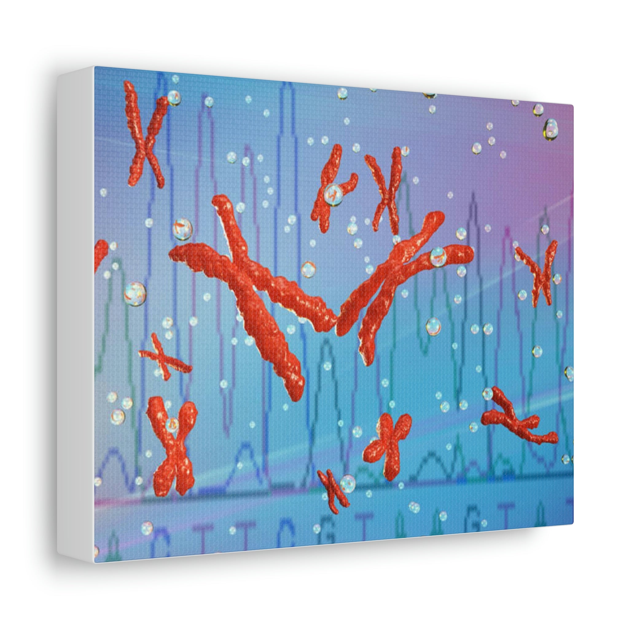 Chromosomes Stretched Canvas artwork displayed on a wall, showcasing vibrant colors and intricate details.