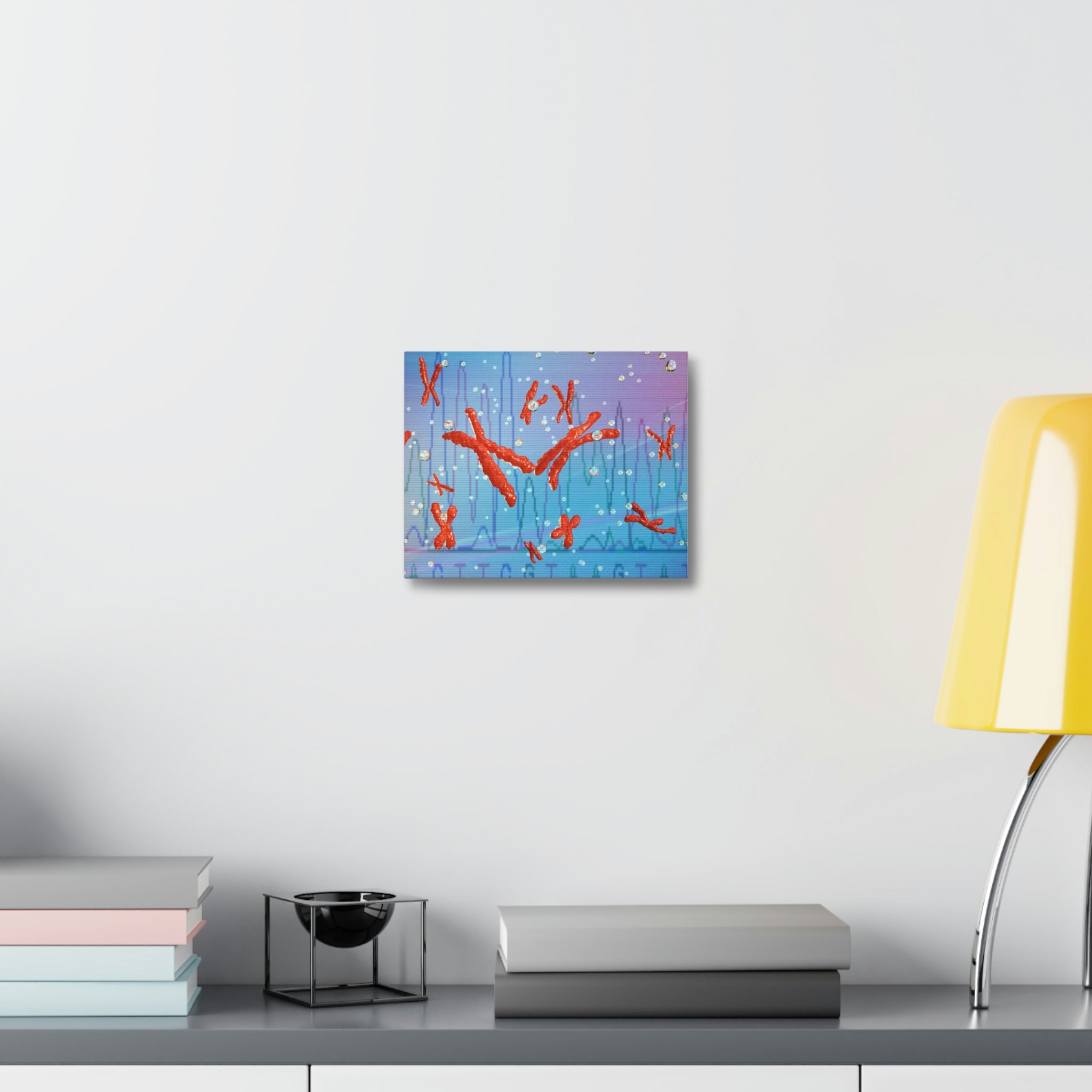 Chromosomes Stretched Canvas artwork displayed on a wall, showcasing vibrant colors and intricate details.