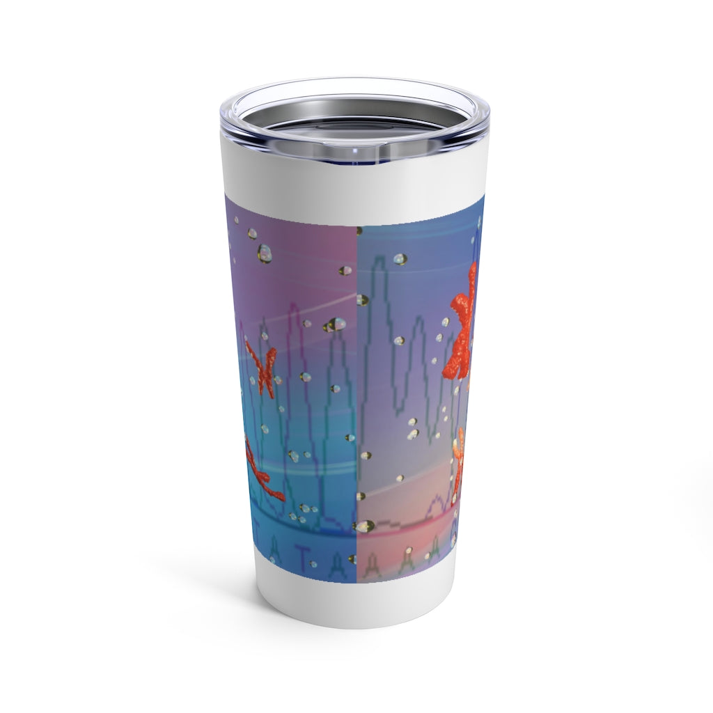 Chromosomes Tumbler 20oz in stainless steel with a see-thru plastic lid, showcasing its sleek design and rounded corners.