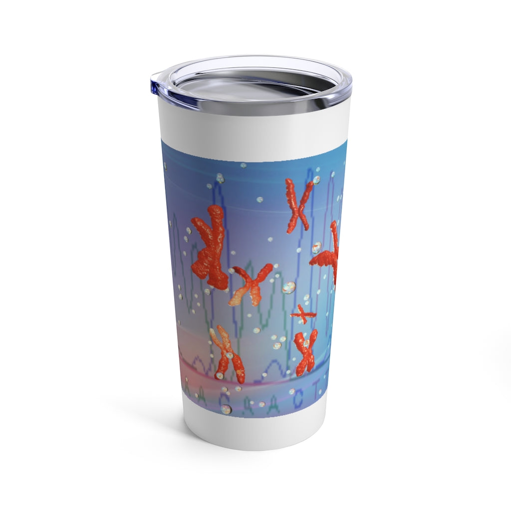 Chromosomes Tumbler 20oz in stainless steel with a see-thru plastic lid, showcasing its sleek design and rounded corners.