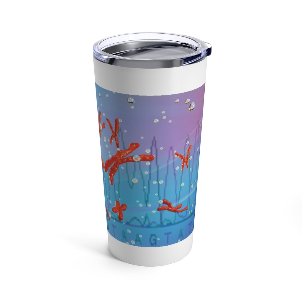 Chromosomes Tumbler 20oz in stainless steel with a see-thru plastic lid, showcasing its sleek design and rounded corners.