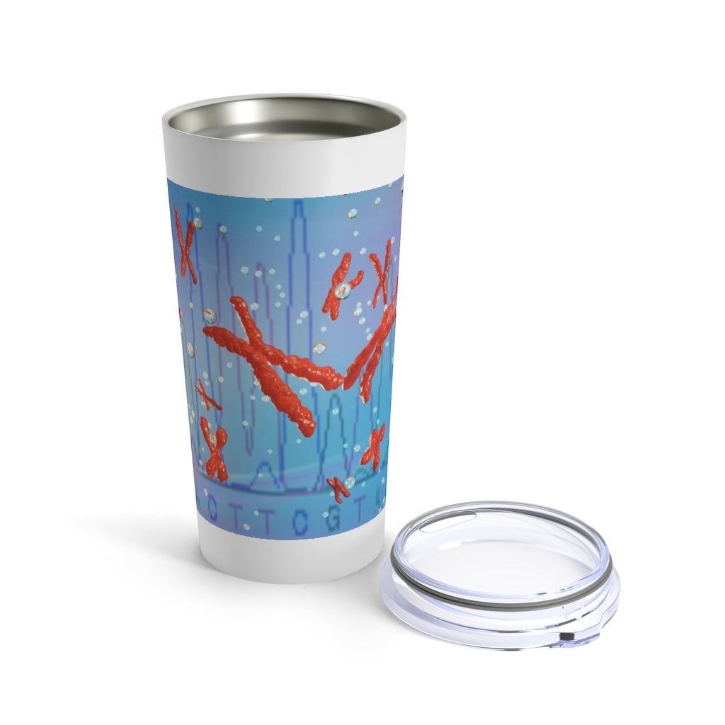 Chromosomes Tumbler 20oz in stainless steel with a see-thru plastic lid, showcasing its sleek design and rounded corners.