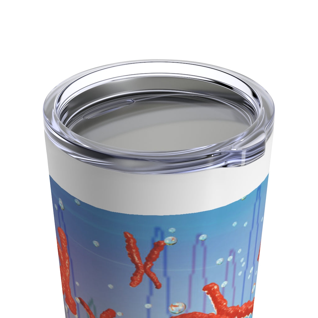 Chromosomes Tumbler 20oz in stainless steel with a see-thru plastic lid, showcasing its sleek design and rounded corners.