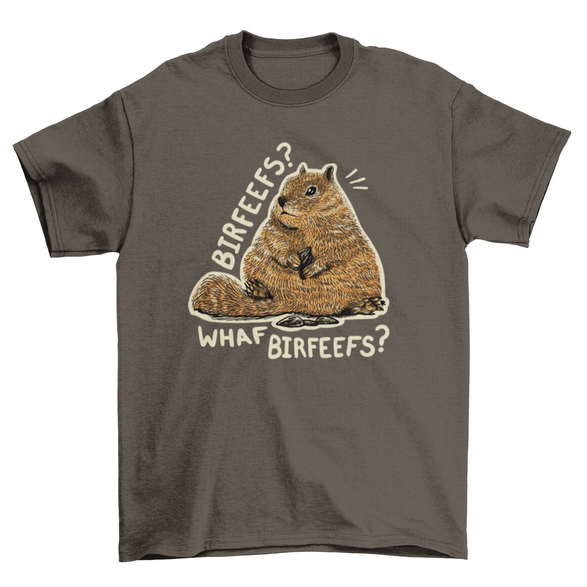 A stylish t-shirt featuring a realistic illustration of a chubby squirrel, showcasing intricate details and vibrant colors.