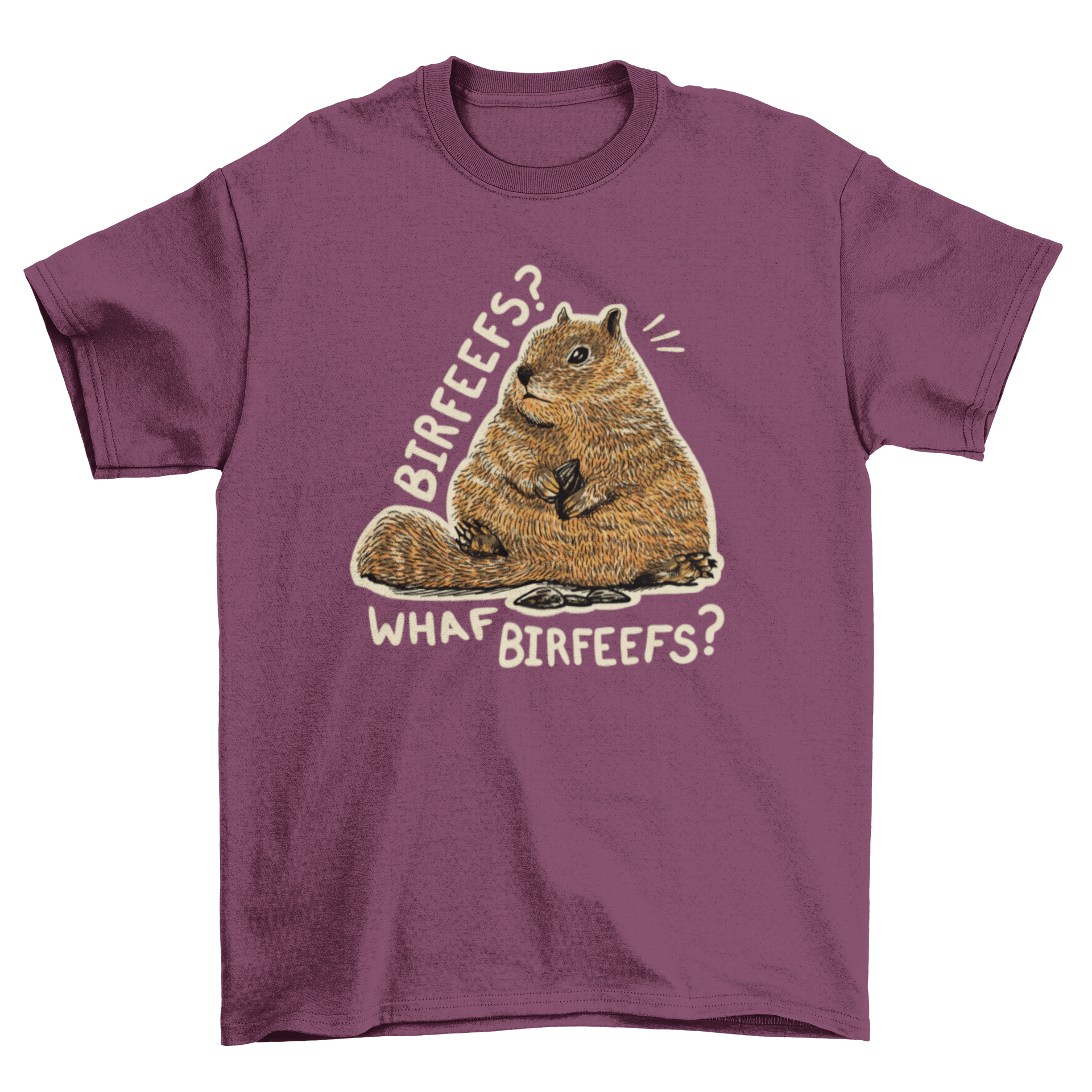 A stylish t-shirt featuring a realistic illustration of a chubby squirrel, showcasing intricate details and vibrant colors.