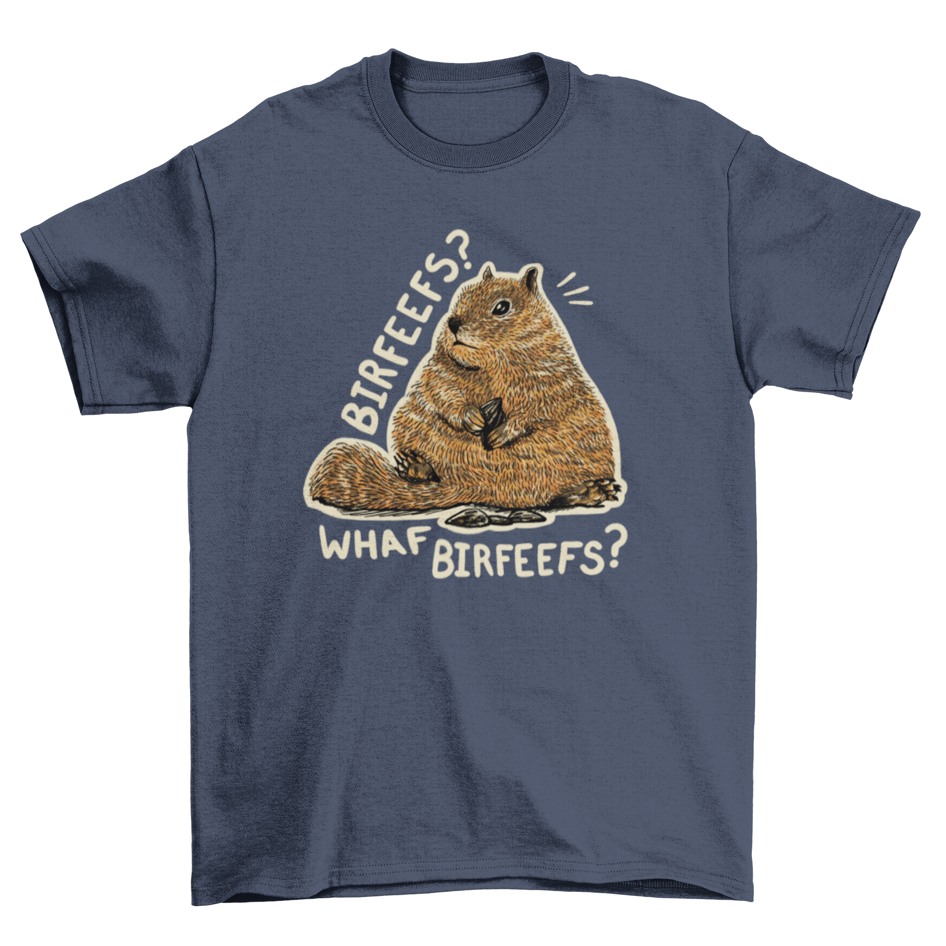 A stylish t-shirt featuring a realistic illustration of a chubby squirrel, showcasing intricate details and vibrant colors.