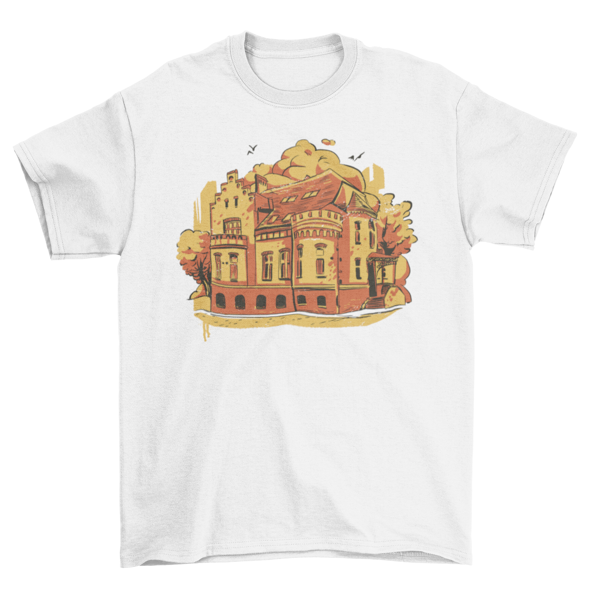 Stylish t-shirt featuring a church building design with trees and birds, perfect for city lovers.