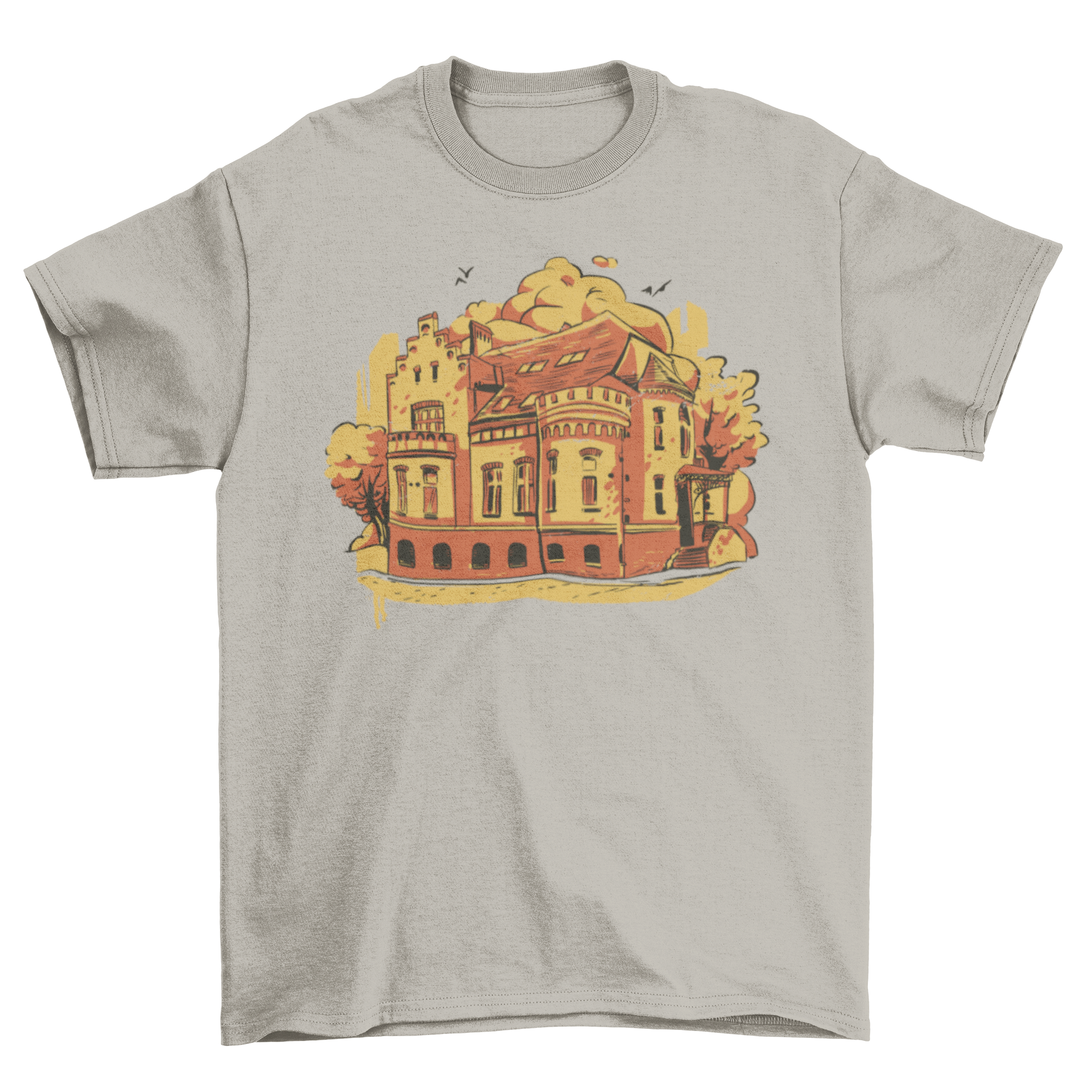 Stylish t-shirt featuring a church building design with trees and birds, perfect for city lovers.