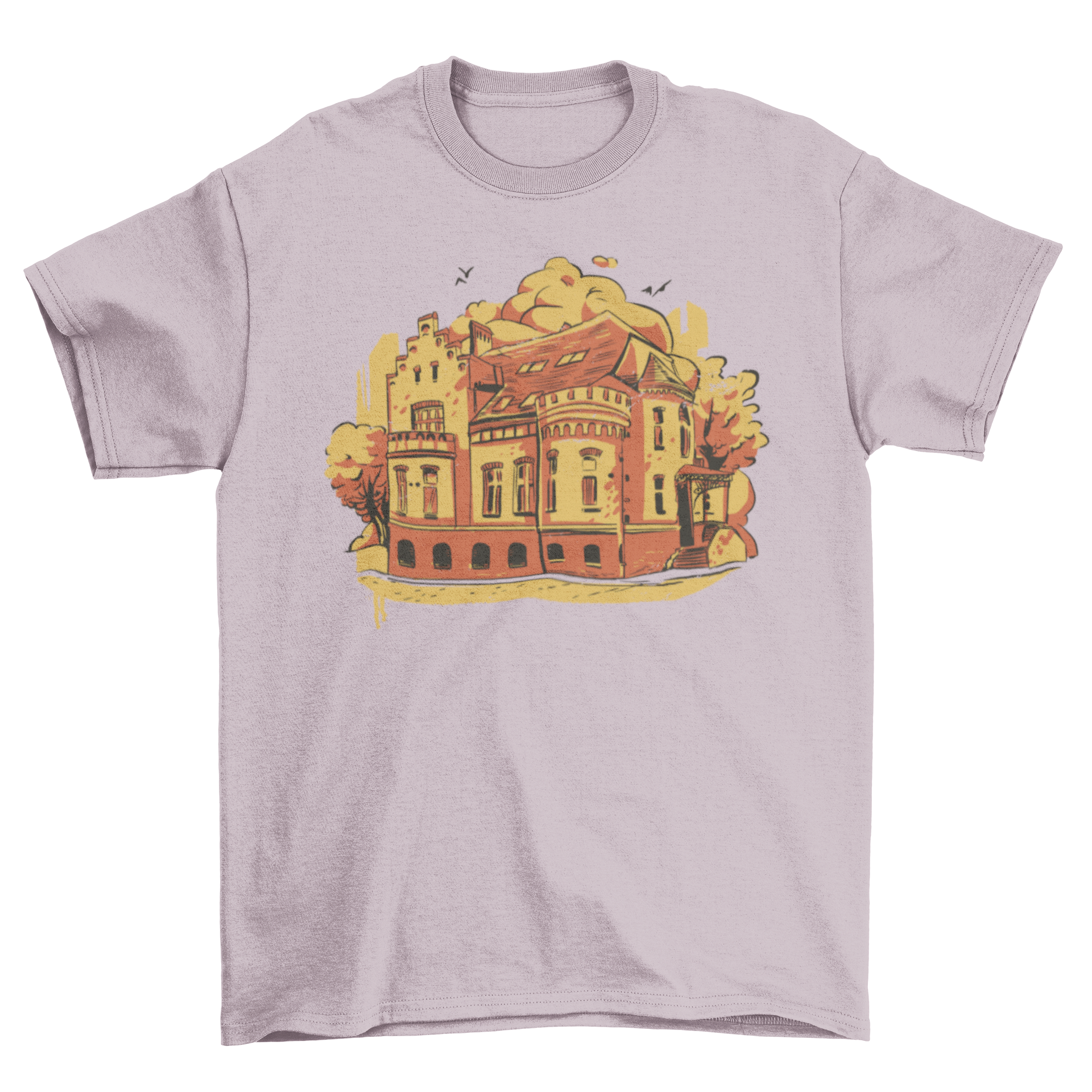 Stylish t-shirt featuring a church building design with trees and birds, perfect for city lovers.